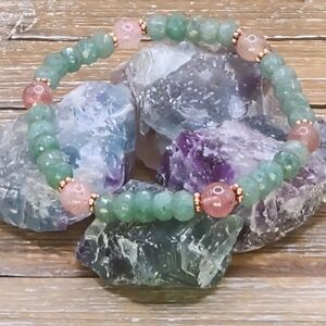 Gren Aventurine, Strawberry Quartz and Copper Beaded Bracelet